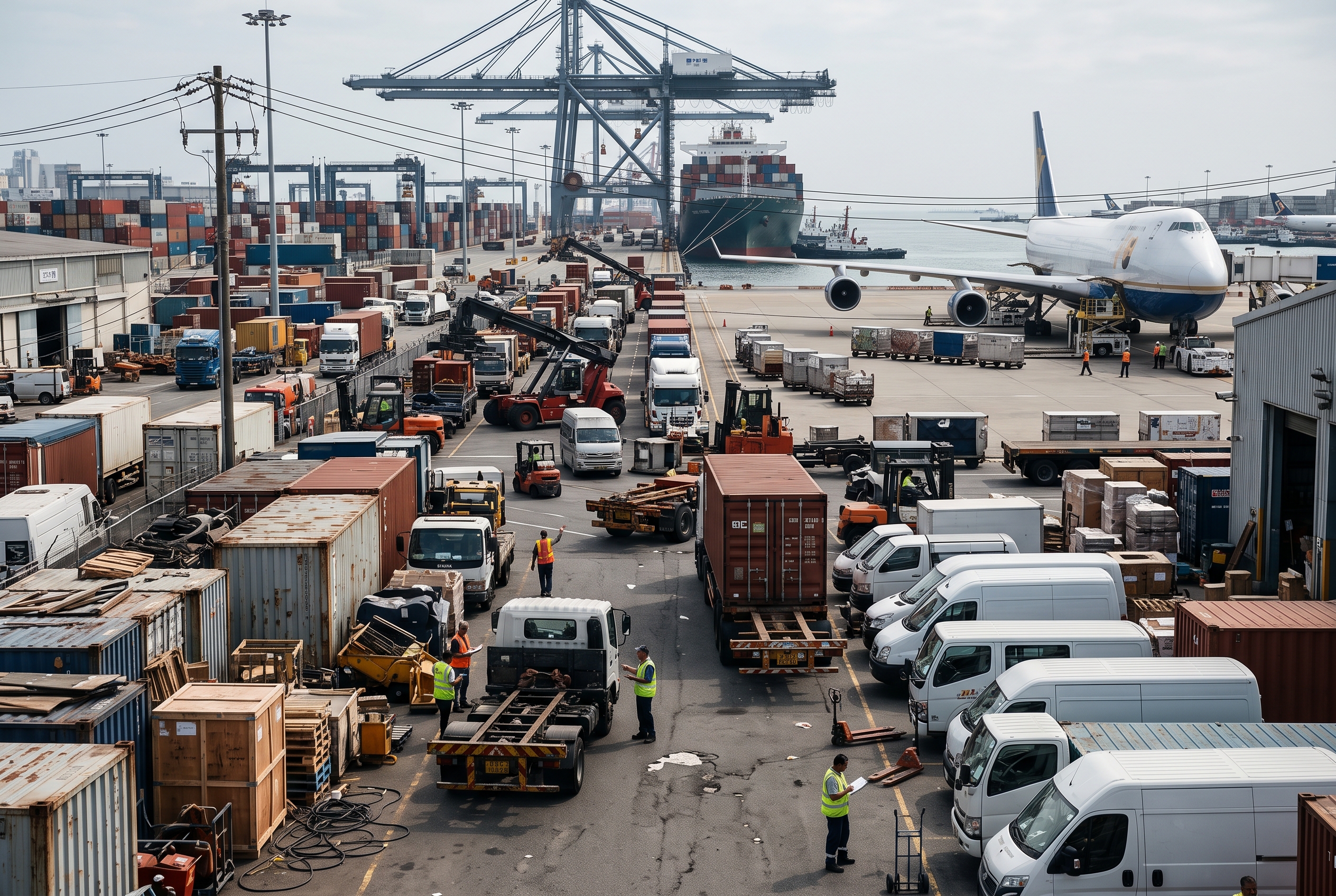 Multimodal logistics hub — port cranes, container yard, trucks, and air cargo
